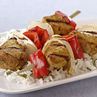 Grilled Indian Pork Kabobs with Sweet Onions and Red Bell Peppers